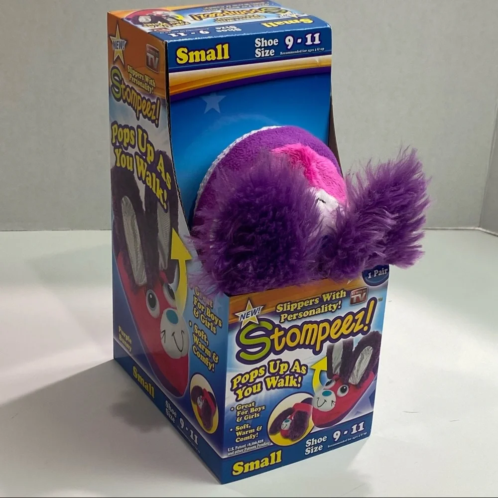 Stompeez Sz small 9-11 kids purple bunny slippers - ears pop up when they walk